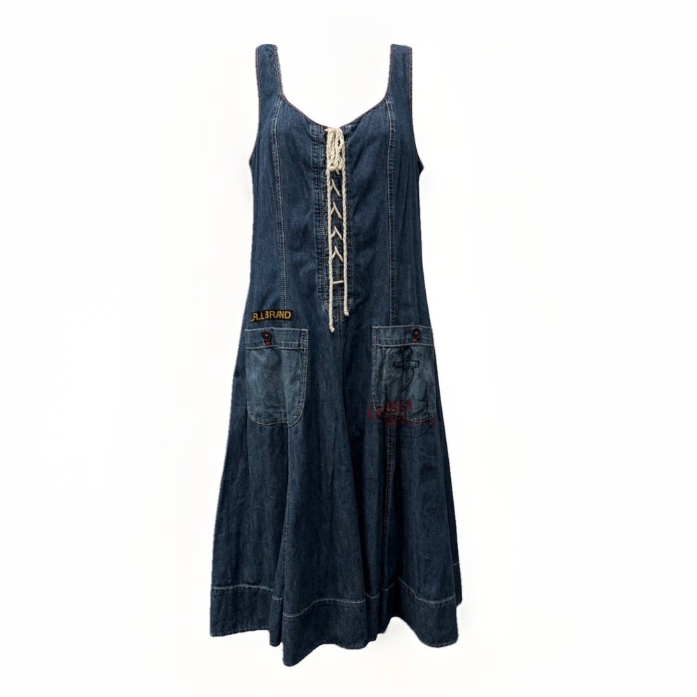 VTG Lauren Jeans Co. LRL Denim Midi Dress Size 6 Lace Up Nautical Coastal Preppy